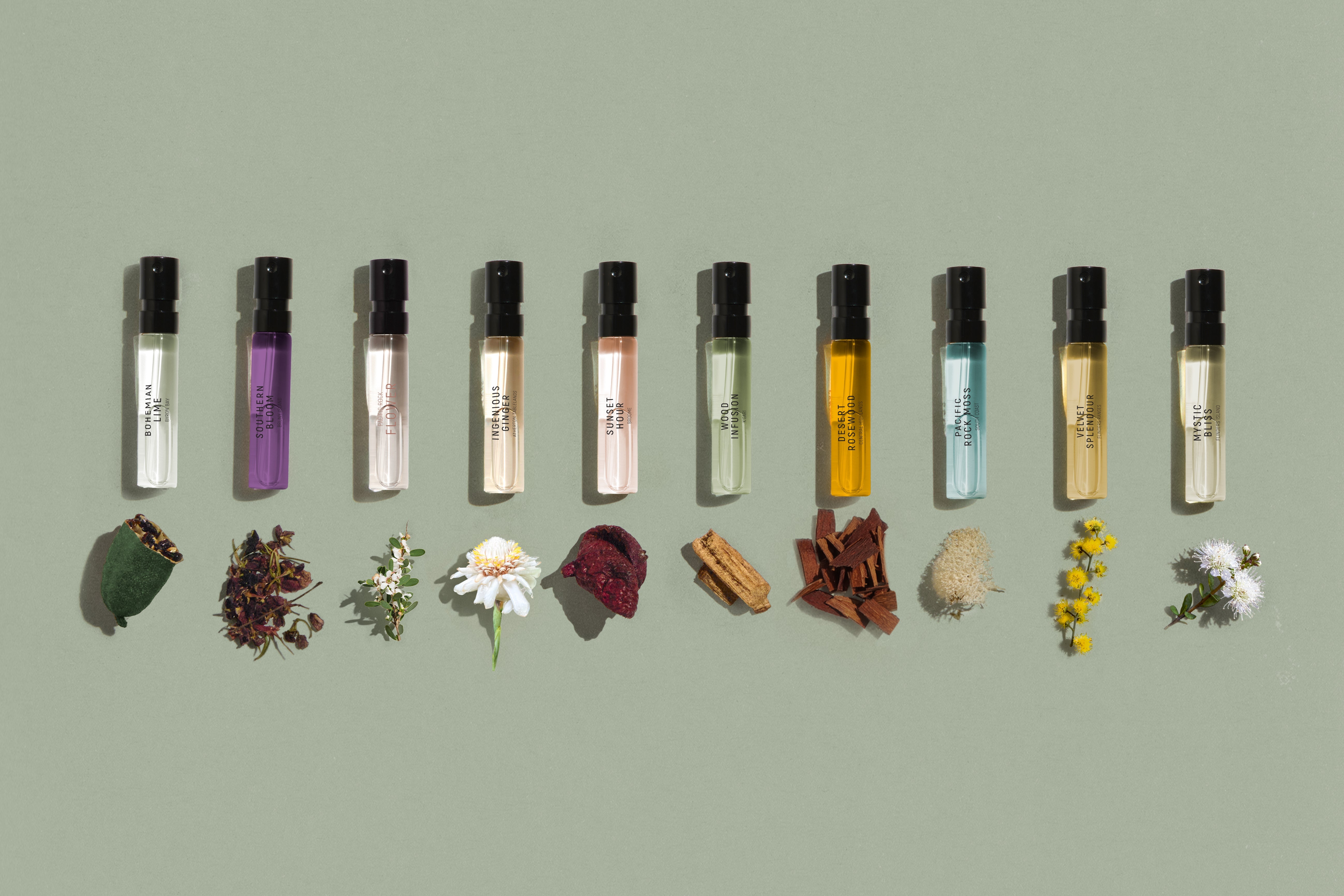 Goldfield & Banks fragrance discovery set with 10 sample vials arranged with Australian native botanicals and natural ingredients, showcasing a luxury perfume collection inspired by the Australian landscape.