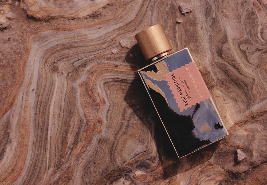 Rose Magnitude by Goldfield & Banks fragrance bottle resting on marbled stone surface, showcasing the luxurious design inspired by Australian landscapes and native botanicals.