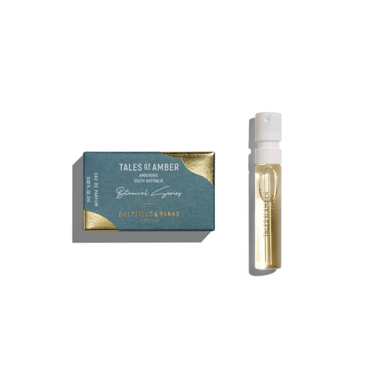 Tales of Amber perfume sample vial with blue and gold packaging on white background