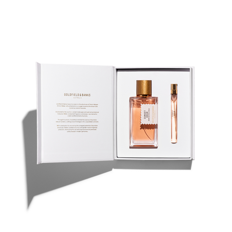 Sunset Hour Holiday Gift Set with 100ml Eau de Parfum and 10ml travel spray in white embossed box